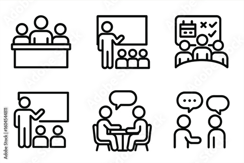 Business meeting line icon set. Icons for presentation, conference, and planning. Vector pictogram collection for discussion, teamwork, communication, workshop and training.