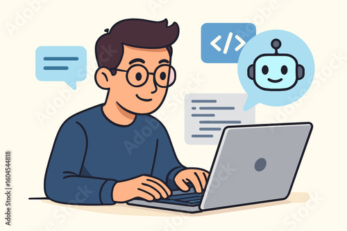 Man working on laptop computer using artificial intelligence AI software for coding, content writing and chatbot assistance, modern remote work vector cartoon illustration