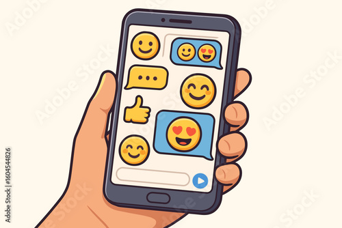 Hand holding smartphone with text messaging app. Chat conversation with emojis. Social media communication concept. Sending love message with emoticons. Vector illustration.