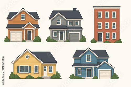 Suburban and urban residential house set vector illustration – five colorful detached family homes, townhouse facade icons, real estate architecture clipart for property marketing
