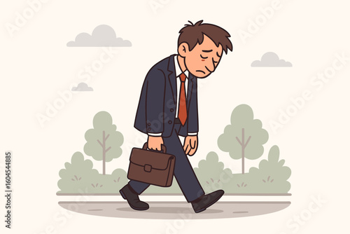 Sad unemployed man goes home after being fired. Depressed lonely person with briefcase walks outdoors. Financial crisis and job loss concept. Burnout and stress vector.