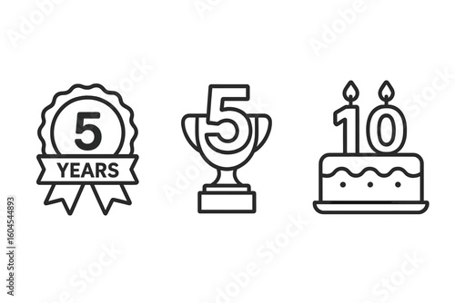 Service milestone icons set. 5 and 10 years of service anniversary celebration. Vector line art symbols for jubilee, work anniversary badge, trophy award, and cake.