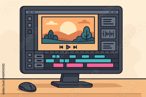 Vector cartoon illustration of video editing software interface on desktop computer monitor, creative media production timeline, flat design, digital post-production workspace scene, light background
