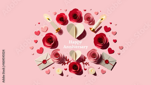 Vector art of happy anniversary design with roses hearts candles and envelopes
