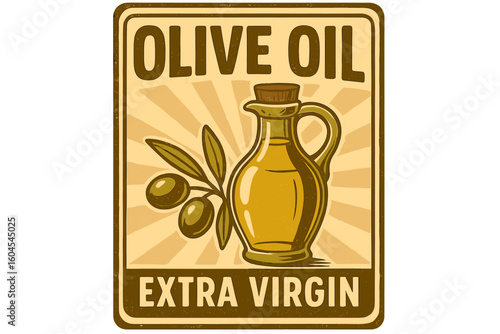 Olive oil retro poster vector illustration. Vintage sign for extra virgin olive oil. Rustic food label design with jug and olive branch. Mediterranean cuisine concept art.