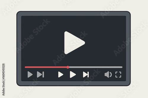 Media player interface window vector illustration. Flat video streaming screen with play button, progress bar, control icons, dark minimal UI on light background, web concept.