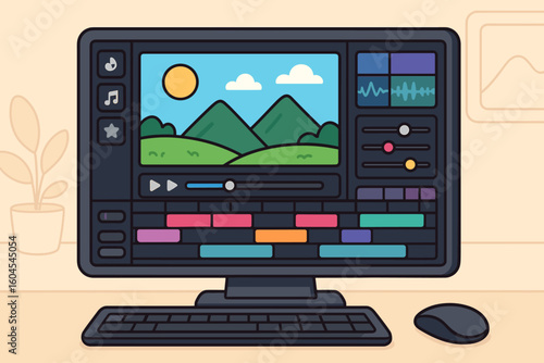 Video editing software interface on desktop computer monitor with timeline tracks, audio waveform, color sliders, cartoon vector illustration of home office workspace without text
