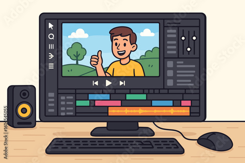 Video editing software interface on desktop computer monitor showing timeline, waveform, cartoon vector illustration of workspace with keyboard, mouse, speaker on light background