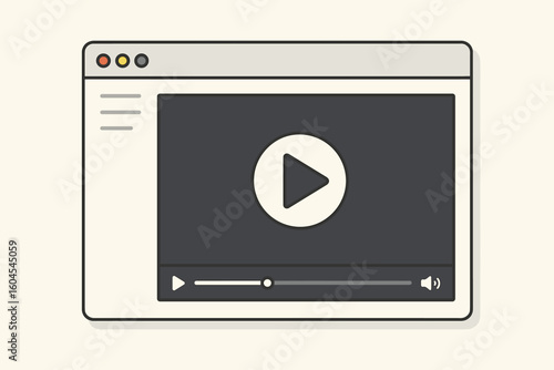 Online video streaming service interface in web browser window. Vector illustration of movie player with play button, playback controls, progress bar, volume icon.