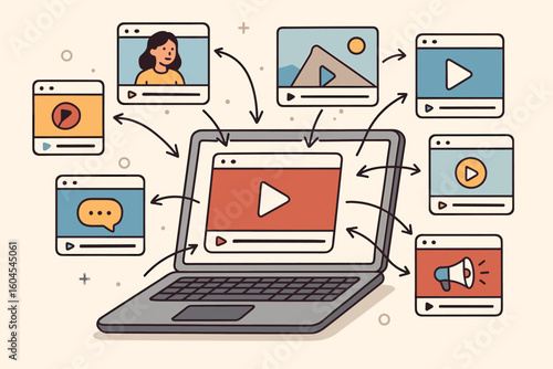 Viral video marketing illustration, laptop screen surrounded by multiple video windows, social media sharing arrows, digital advertising, online streaming concept, flat cartoon vector