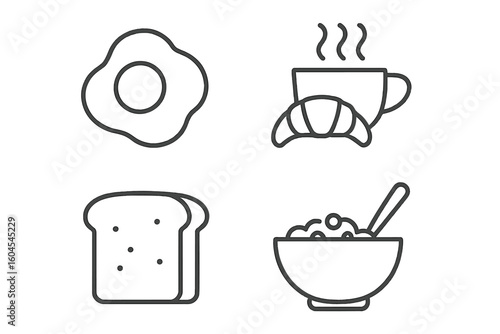 Breakfast food line icon set. Morning meal vector icons. Fried egg, coffee cup, croissant, toast bread, and cereal bowl. Simple outline pictogram for web, menu, and cafe.