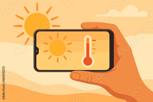Heatwave alert on smartphone held in hand over desert dunes, blazing sun and red thermometer icon signal extreme heat. Mobile weather app, hot climate change hazard illustration.