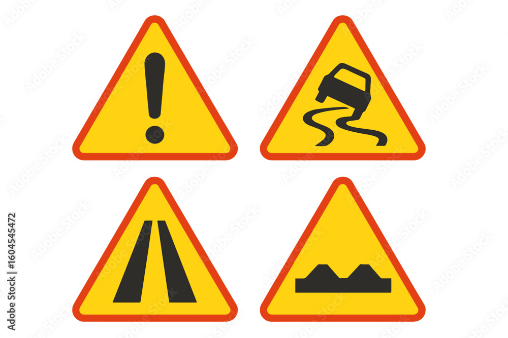Road warning sign vector icon set. Yellow triangle traffic safety symbols. Slippery, uneven road, road narrows, danger ahead alert. Flat illustration isolated on white.