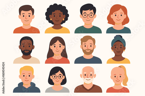 Vector people faces avatars collection. Set of illustrations with profile pictures of diverse cartoon characters. Men, women of different ages and ethnicities. User icons.