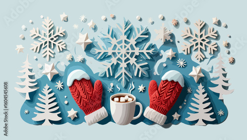 Vector art of winter paper art with snowflakes mittens cocoa and christmas trees