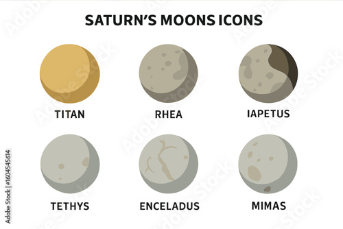Saturn's moons vector icon set. Flat illustration of major natural satellites Titan, Rhea, Iapetus, Tethys, Enceladus, Mimas. Astronomy and space objects concept.