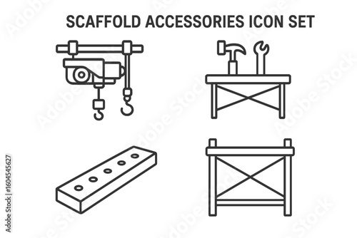 Scaffold accessories icon set. Construction site equipment line icons. Modular scaffolding add-ons like electric hoist, winch, workbench, plank, and sawhorse. Vector.