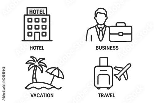 Hotel and business travel icon set. Vacation and holiday line icons. Businessman with briefcase, airplane, luggage, and palm tree symbols. Linear pictogram collection.