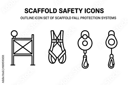 Scaffold safety icons set. Outline vector symbols of fall protection systems for construction. Guardrail, safety harness, lifeline anchor, personal fall limiter equipment.