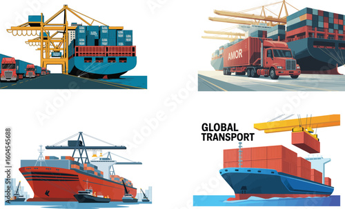 A red truck carrying a container with amor written on it in front of a cargo ship and cranes at a port
