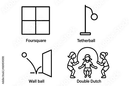Schoolyard games outline icon set. Vector collection of classic childhood recess activities. Foursquare court, tetherball pole, wall ball bounce, double dutch jump rope.