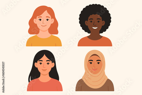 Collection of female portraits. Set of avatars of diverse women. Multicultural people faces. International racial ethnicity. Vector illustration for community unity.