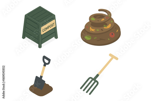 Compost icon set. Isometric vector illustration of a composting bin, organic waste pile, shovel, and garden fork. Concept for recycling, fertilizer, gardening, and soil.
