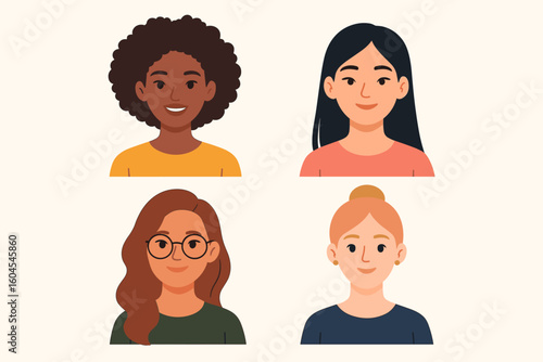 Set of female portraits. Diverse women avatar collection. Vector cartoon illustration of multi-ethnic people faces. Young girls of different nationalities.