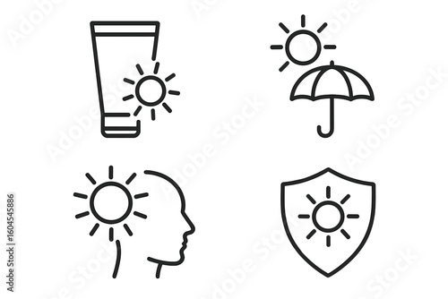 Sun protection line icon set. Sunscreen cream tube, umbrella shade, UV shield, and head heatstroke icons. Summer skincare safety concept. Editable vector pictograms.