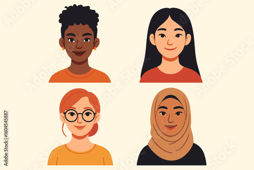 Women personas avatar collection. Vector portrait faces of diverse female people. Multi-ethnic characters for user icons. African, Asian, Caucasian, and Muslim woman set.