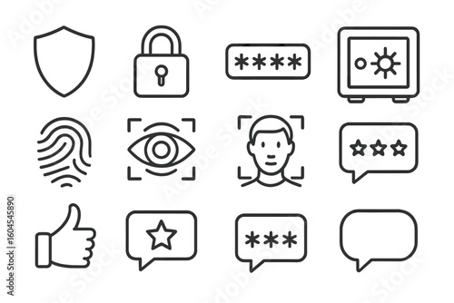 Security line icon set. Cybersecurity and data protection concepts. Shield, lock, password, safe. Biometric authentication with fingerprint, eye scan, face recognition.