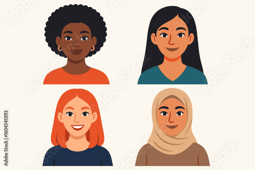 Diverse women portrait collection. Set of multi-ethnic female faces and avatars. Characters of different races and cultures. Vector cartoon illustration of a community.