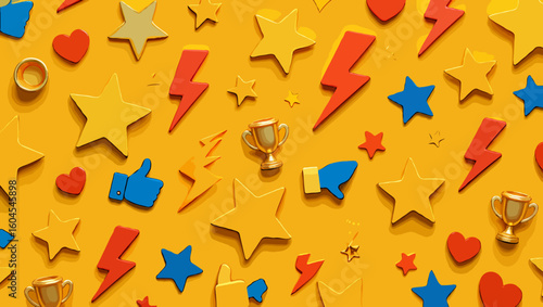 Vector art of a vibrant pattern of stars lightning bolts hearts and trophies