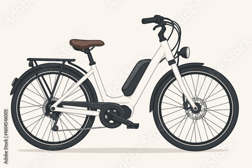 Modern white electric city bike vector illustration. Women's e-bike with step-through frame for urban commute. Sustainable eco-friendly transportation and active lifestyle concept.
