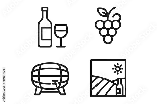 Wine icon set vector line art. Grapes, bottle, glass, and barrel icons. Vineyard landscape for winemaking concept. Alcohol beverage for restaurant menu or bar.