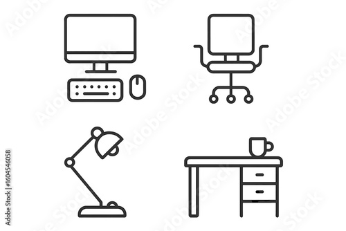 Office workplace line icon set. Business furniture and equipment symbols. Computer, desk, chair, lamp vector icons. Simple minimal pictogram collection. Editable outline.