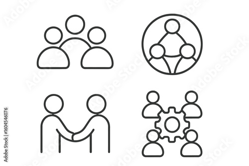 Teamwork and collaboration icon set. Business partnership, communication, meeting concepts. Line icons for management, cooperation, networking, agreement, and group work.
