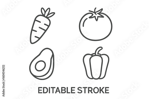 Vegetable icon set in thin line style. Carrot, tomato, avocado, bell pepper symbols. Healthy food, vegan, nutrition concept for web, app design. Editable stroke vector.
