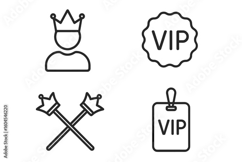 VIP line icon set. Very important person, royalty, and exclusivity concepts. Outline vector collection with crown, scepter, premium member badge and special access pass.