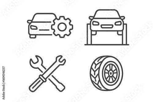 Car service and auto repair line icon set. Vehicle maintenance, diagnostics, and tire fitting symbols. Workshop garage tools and car on lift vector pictogram collection.