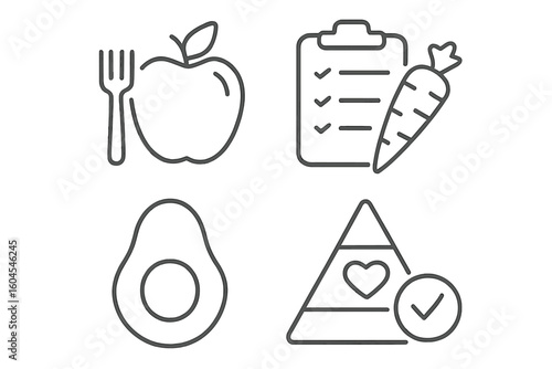 Healthy lifestyle and nutrition line icons. Diet plan, balanced food, and wellness concept. Vector set with apple, avocado, carrot, checklist, and pyramid. Editable stroke.