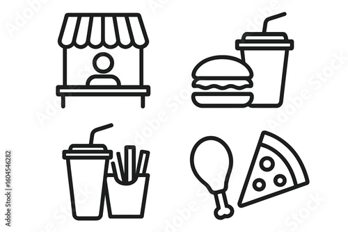 Fast food line icon set. Includes vendor stall, burger and soda, fries and drink, pizza slice, and chicken leg. Outline pictograms for restaurant, takeaway, food court menu.