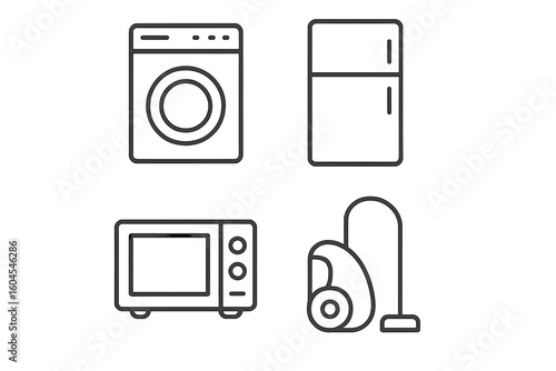 Household appliances line icon set. Home and kitchen equipment collection. Washing machine, refrigerator, microwave, vacuum cleaner symbols. Editable vector illustration.
