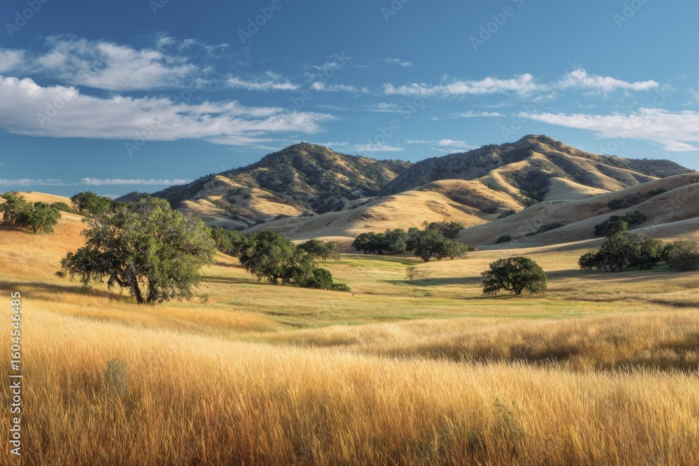 Fototapeta premium Expansive Golden Hills Under Clear Blue Sky Showcasing Nature s Beauty in Serene Landscape with Gentle Rolling Terrain
