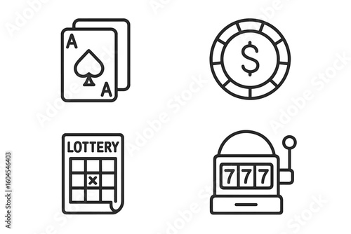 Gambling and casino line icon set. Linear icons for poker, card games, and lottery. Playing cards, casino chip, lottery ticket, and slot machine vector symbols.