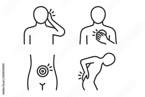 Human body pain line icon set. Icons depicting headache, chest pain, stomachache, backache. Medical symptom symbols. Health problem outline vector art for healthcare design.