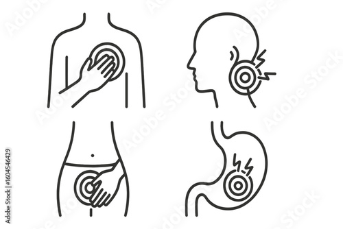Body pain line icon set. Human organ ache symbols. Chest pain, stomachache, headache, earache, abdominal pain. Medical symptom vector icons for health illustration.