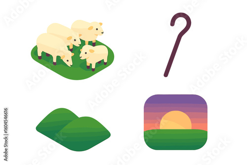 Sheep flock icon set. Isometric vector illustration of grazing sheep, lamb, shepherd's crook, green hills, and sunset. Flat design for farming, agriculture, livestock.