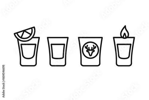 Outline Set of 4 Shot Glass Icons, Vector Illustration of Tequila Shot with Lime, Vodka Shot, Jagermeister Herbal Liqueur Shot, Flaming Sambuca Shot, Minimalist Bar Drink Symbols