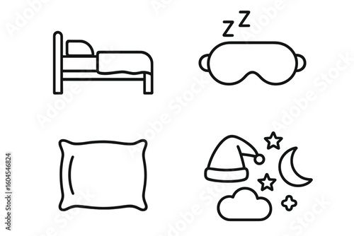 Sleep icon set. Outline symbols for rest and relaxation. Vector collection of bed, pillow, sleep mask with zzz, nightcap, moon and stars. Good night and sweet dreams concept.